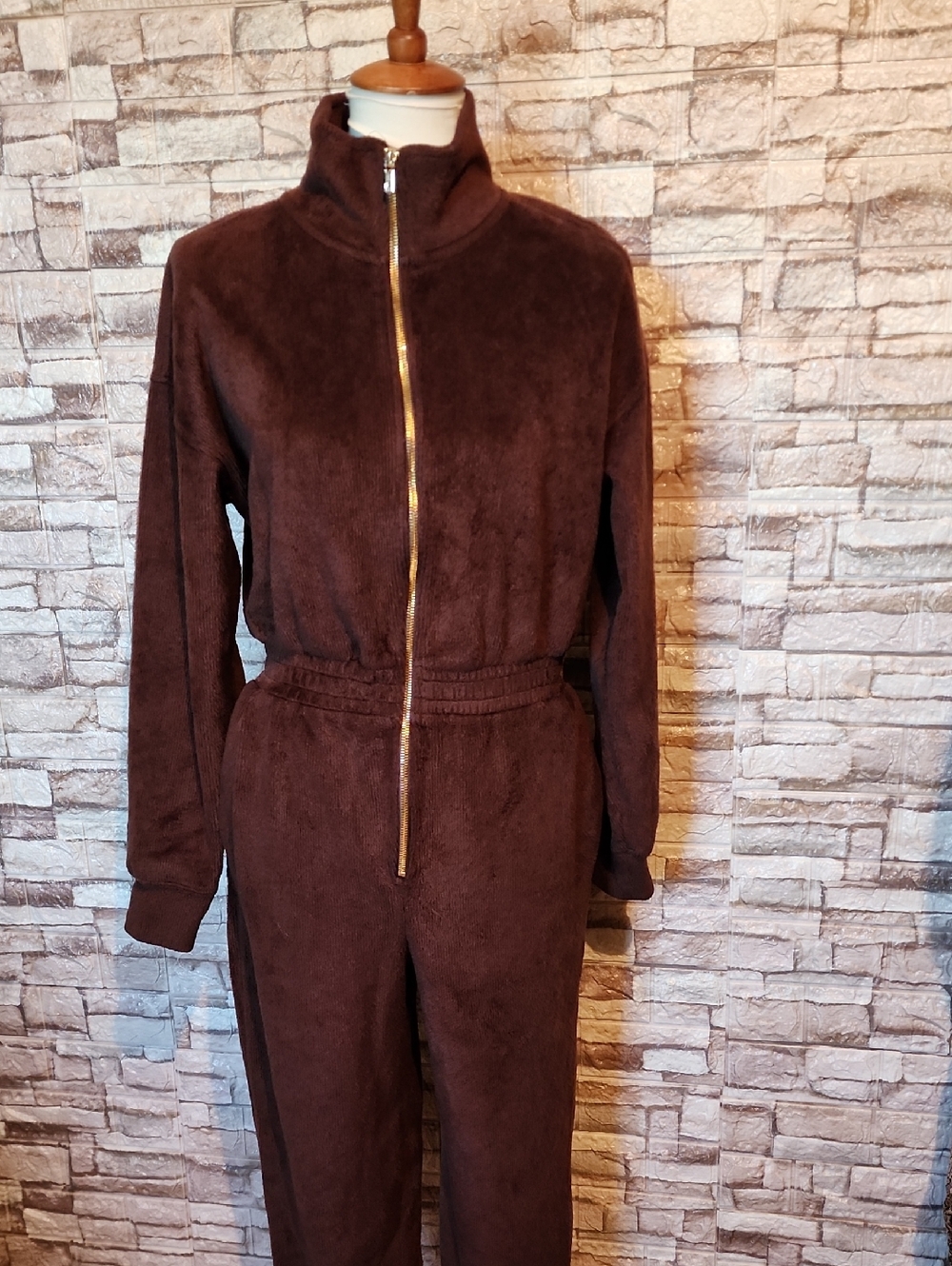 Fabletics Cozy Cord Brown Zip-Up Jumpsuit with Gold Accents